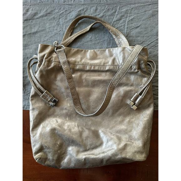 MICHAEL KORS Metallic LEATHER bag Drawstring HOBO bucket taupe chain shoulder - Picture 8 of 16